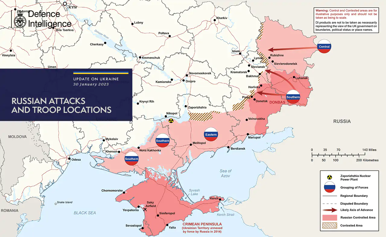 Map of hostilities in Ukraine from British intelligence 30.01.2023