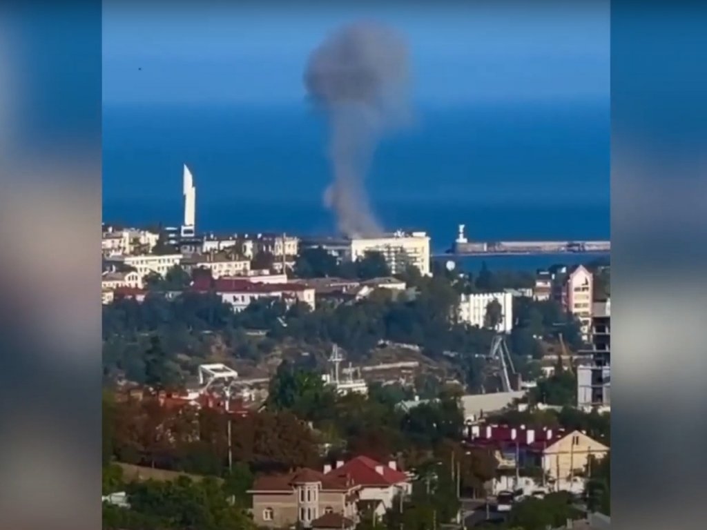 Smoke from the building of the headquarters of the Black Sea Fleet of the Russian Federation in Sevastopol, August 2022.